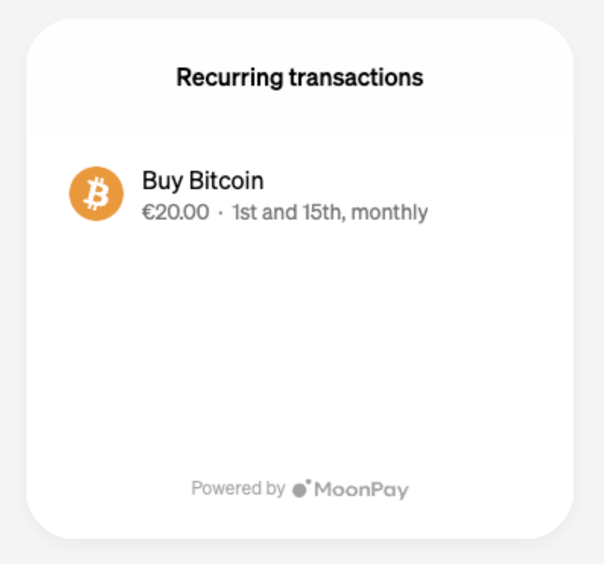 A recurring monthly BTC buy order on MoonPay.